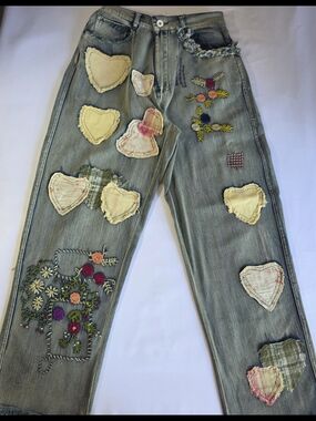 Blue Velvet Hippy Patchwork Embroidered Heart Jeans Boho Wide Leg Distressed